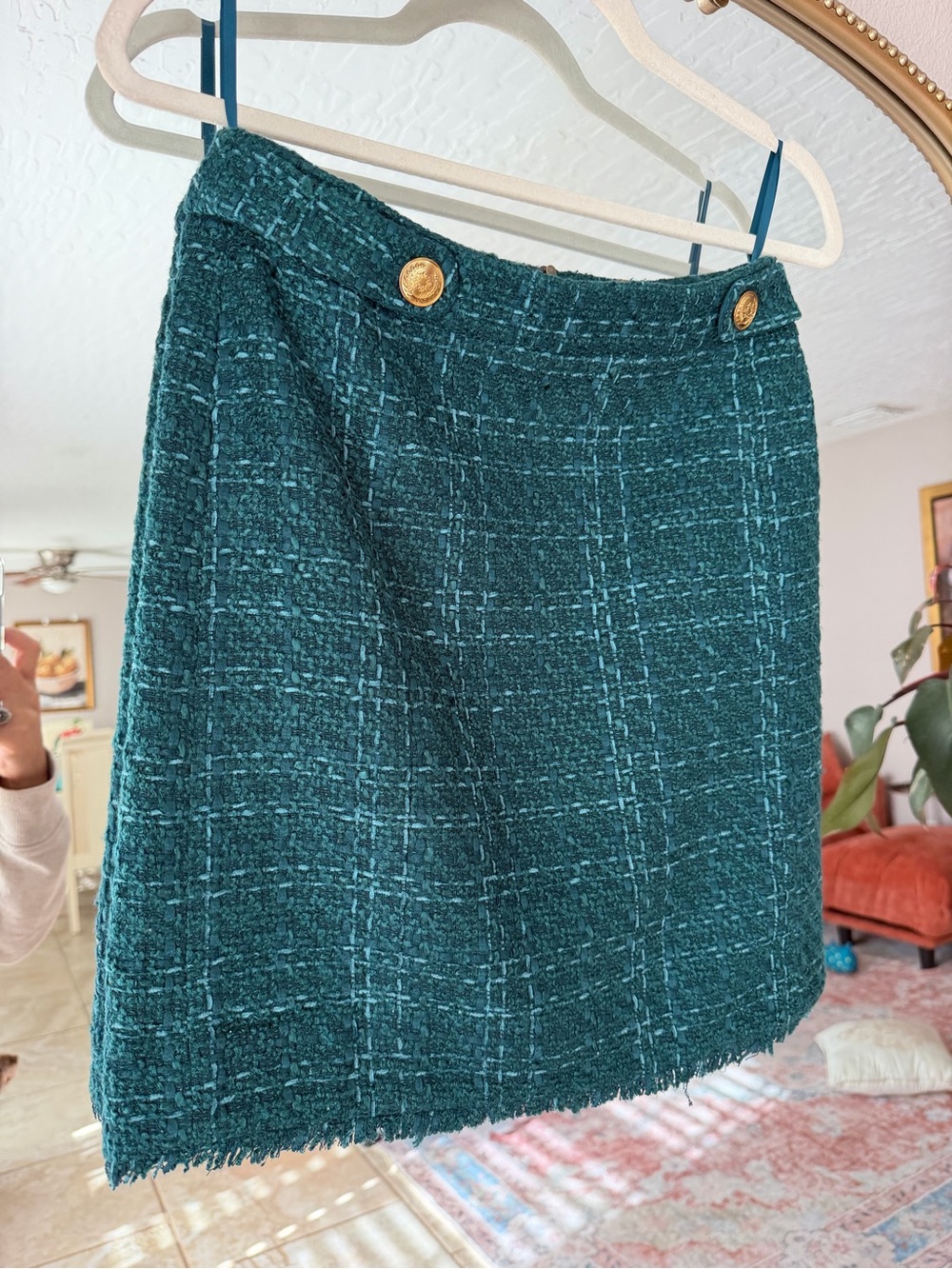 White House Black Market Teal Tweed Mini Skirt with Gold Buttons